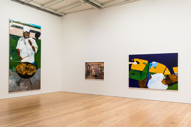 Installation view of Henry Taylor, The 4th (2012-2017) and THE TIMES THAY AIN’T A CHANGING, FAST ENOUGH!, 2017. (Collection of the artist; courtesy of Blum & Poe, Los Angeles/New York/Tokyo. Matthew Carasella/Whitney Museum of Art)